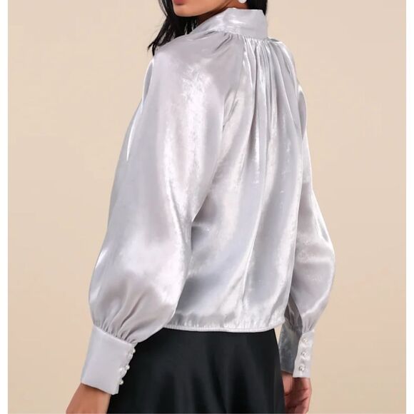Lulu’s Luxe Shiny Silver Tie-Neck Top - Picture 12 of 12